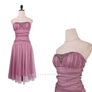 Vintage Prom Dress Midi Gown M Pink Purple Y2K Fairy Princess Mesh Empire Bead